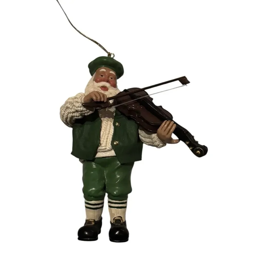 Santa Playing Violin Ornament Green Outfit Musician Christmas Figure Holiday Dec